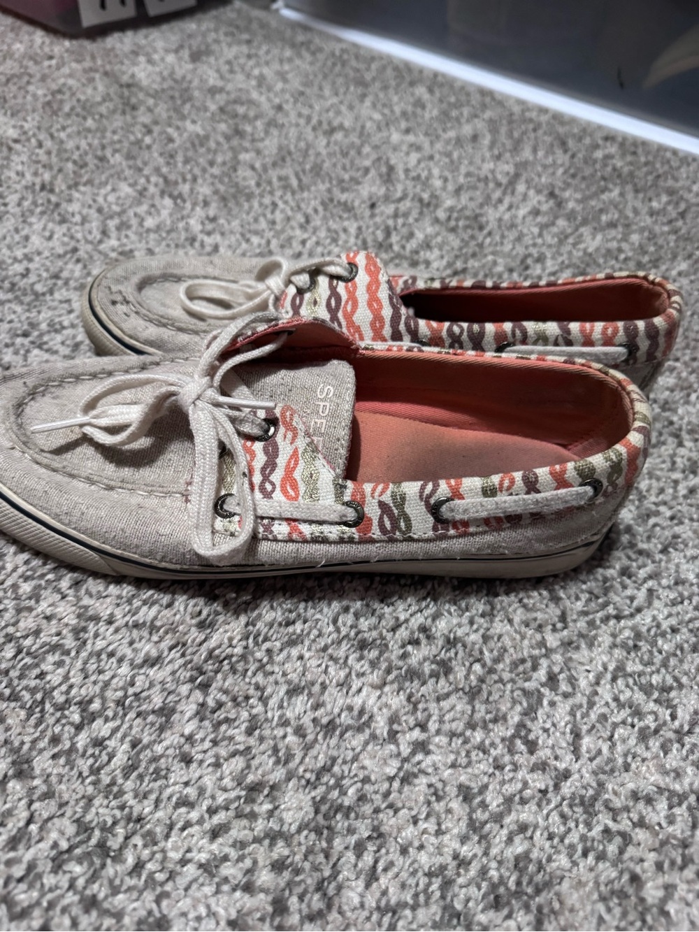 Sperry Women's Beige Canvas Moccasins with Coral Pattern Trim